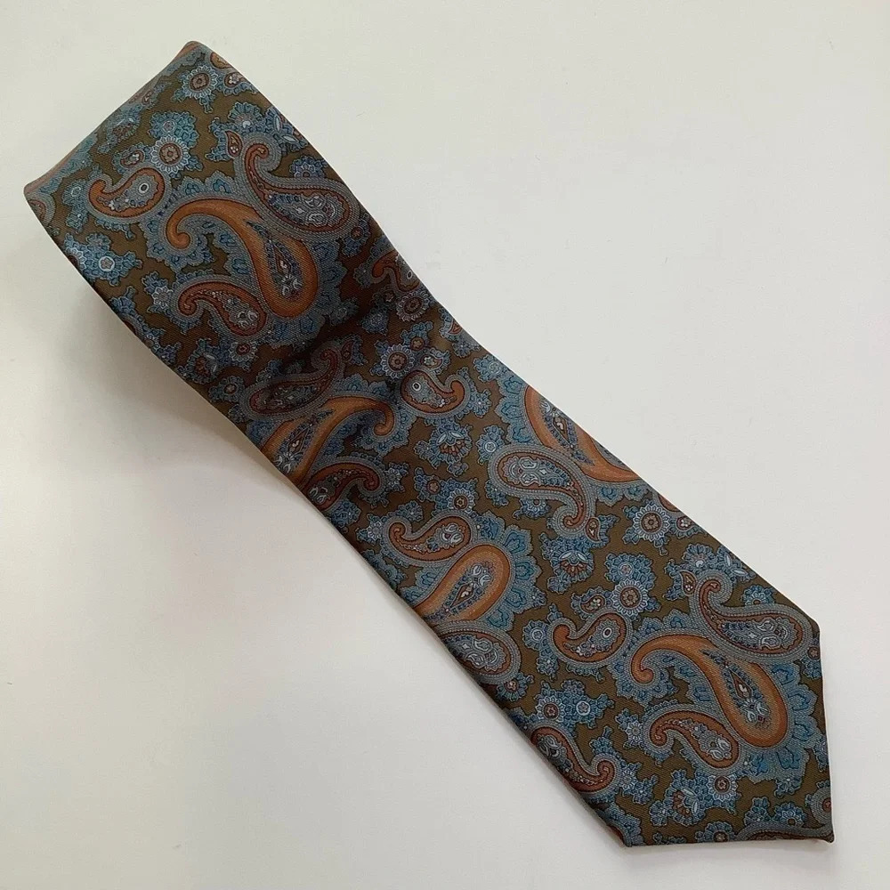 Mr Big 'n Tall Long Woven Silk Tie Brown Orange Slate Blue Paisley 63" - Picture 4 of 11